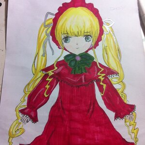 Rating: Safe Score: 0 Tags: 1girl bangs blonde_hair blue_eyes bow bowtie closed_mouth dress green_bow green_neckwear image long_hair long_sleeves looking_at_viewer marker_(medium) millipen_(medium) photo red_dress shikishi shinku solo traditional_media twintails User: admin