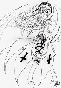 Rating: Safe Score: 0 Tags: 1girl akemi_homura akuma_homura bare_shoulders boots closed_eyes dress elbow_gloves feathered_wings full_body gloves greyscale image long_hair monochrome ribbon signature simple_background solo standing suigintou thighhighs traditional_media white_background wings User: admin