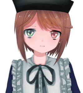 Rating: Safe Score: 0 Tags: 1girl apron bangs black_headwear black_ribbon blue_dress blush brown_hair closed_mouth eyebrows_visible_through_hair frills hat heterochromia image looking_at_viewer ribbon short_hair simple_background solo souseiseki striped swept_bangs upper_body white_background User: admin