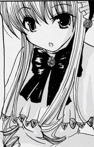 Rating: Safe Score: 0 Tags: 1girl :o blush dress greyscale image long_hair long_sleeves looking_at_viewer monochrome ribbon shinku simple_background solo upper_body User: admin