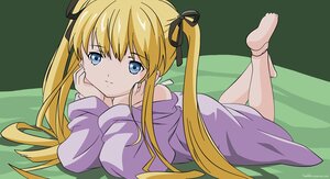 Rating: Safe Score: 0 Tags: 1girl bare_shoulders barefoot black_ribbon blonde_hair blue_eyes chin_rest hair_ribbon image legs_up long_hair looking_at_viewer lying on_stomach ribbon sawamura_spencer_eriri shinku solo the_pose twintails very_long_hair User: admin
