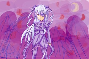 Rating: Safe Score: 0 Tags: 1girl barasuishou dress flower holding image long_hair long_sleeves looking_at_viewer purple_theme ribbon solo standing very_long_hair weapon white_hair yellow_eyes User: admin