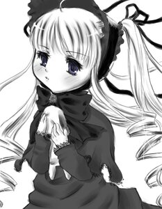 Rating: Safe Score: 0 Tags: 1girl blush capelet dress drill_hair greyscale image long_hair long_sleeves looking_at_viewer monochrome parted_lips ribbon shinku simple_background solo twintails User: admin