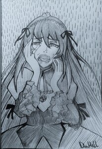 Rating: Safe Score: 0 Tags: 1girl dress fangs graphite_(medium) greyscale hairband hands_on_own_cheeks hands_on_own_face hands_up image long_hair long_sleeves looking_at_viewer monochrome open_mouth signature solo suigintou tears traditional_media User: admin