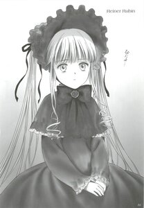 Rating: Safe Score: 0 Tags: 1girl artist_name bonnet bow bowtie dress frills greyscale image long_hair long_sleeves looking_at_viewer monochrome shinku solo twintails very_long_hair User: admin