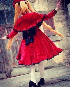 Rating: Safe Score: 0 Tags: 1girl blonde_hair bow capelet dress frills full_body hair_ribbon long_hair long_sleeves outstretched_arms red_dress ribbon shinku shoes solo spread_arms standing twintails white_legwear User: admin