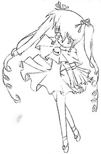 Rating: Safe Score: 0 Tags: 1girl barasuishou dress full_body greyscale hair_ribbon image lineart long_hair monochrome ribbon shoes solo standing twintails User: admin