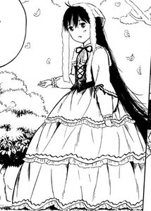 Rating: Safe Score: 0 Tags: 1girl ahoge dress frills greyscale image long_dress long_hair long_sleeves monochrome open_mouth ribbon solo suiseiseki tree very_long_hair User: admin