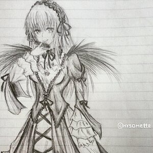 Rating: Safe Score: 0 Tags: 1girl dress frills greyscale hairband image long_hair long_sleeves looking_at_viewer monochrome ribbon simple_background solo standing suigintou traditional_media very_long_hair wings User: admin