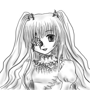 Rating: Safe Score: 0 Tags: 1girl :d dress flower greyscale image kirakishou long_hair long_sleeves looking_at_viewer monochrome puffy_sleeves simple_background smile solo striped upper_body vertical_stripes white_background User: admin