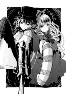 Rating: Safe Score: 0 Tags: 2girls boots dress greyscale hat image long_hair monochrome multiple_girls pair shinku souseiseki striped thighhighs underwear weapon User: admin