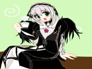 Rating: Safe Score: 0 Tags: 1girl black_dress blush dress green_background green_eyes hairband image lolita_hairband long_sleeves looking_at_viewer open_mouth simple_background sitting solo suigintou User: admin
