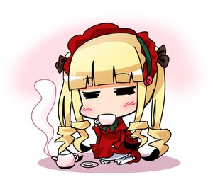 Rating: Safe Score: 0 Tags: 1girl blonde_hair bonnet bow chibi cup dress drinking holding_cup image long_hair long_sleeves saucer shinku solo tea teacup User: admin