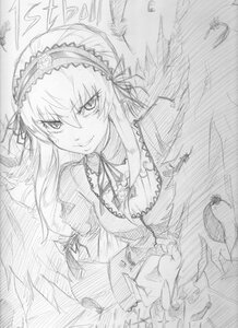 Rating: Safe Score: 0 Tags: 1girl black_wings dress feathers frills greyscale hairband image long_hair long_sleeves looking_at_viewer monochrome smile solo suigintou traditional_media wings User: admin