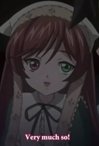 Rating: Safe Score: 0 Tags: 1girl :d brown_hair dress frills green_eyes image long_hair long_sleeves looking_at_viewer neck_ribbon open_mouth ribbon smile solo suiseiseki User: admin