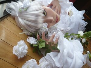 Rating: Safe Score: 0 Tags: 1girl closed_mouth flower gloves hair_ornament kirakishou lips looking_at_viewer rose solo white_flower white_hair white_rose yellow_eyes User: admin