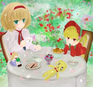 Rating: Safe Score: 0 Tags: 2girls alice_margatroid auto_tagged blonde_hair blue_eyes blush bow cake capelet chair cup dress food fruit hairband heart image long_hair multiple_girls red_eyes shanghai_doll shinku short_hair smile solo table tea teacup teapot User: admin
