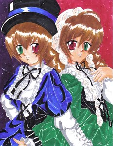 Rating: Safe Score: 0 Tags: 2girls brown_hair dress frills green_eyes hat heterochromia image long_hair long_sleeves looking_at_viewer multiple_girls pair red_eyes short_hair siblings sisters smile souseiseki suiseiseki traditional_media twins User: admin