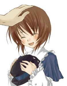 Rating: Safe Score: 0 Tags: 1girl :d ^_^ ^o^ blush brown_hair closed_eyes dress hand_on_another's_head hat hat_removed headwear_removed holding holding_clothes holding_hat image long_sleeves open_mouth out_of_frame short_hair simple_background smile solo solo_focus souseiseki striped upper_body vertical_stripes white_background User: admin