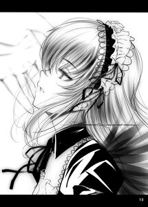 Rating: Safe Score: 0 Tags: 1girl bangs eyebrows_visible_through_hair floating_hair frilled_hairband greyscale hairband image letterboxed long_hair monochrome profile ribbon solo suigintou white_background User: admin
