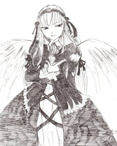 Rating: Safe Score: 0 Tags: 1girl dress feathered_wings frills greyscale hairband image long_hair long_sleeves looking_at_viewer monochrome ribbon simple_background smile solo suigintou very_long_hair white_background wings User: admin