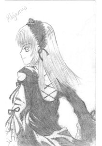 Rating: Safe Score: 0 Tags: 1girl dress greyscale image long_hair long_sleeves looking_at_viewer looking_back monochrome profile simple_background solo suigintou upper_body User: admin