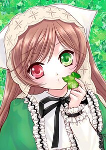 Rating: Safe Score: 0 Tags: 1girl blush brown_hair dress frills green_dress green_eyes hat head_scarf image long_hair long_sleeves looking_at_viewer pointy_ears red_eyes ribbon solo suiseiseki User: admin