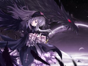 Rating: Safe Score: 0 Tags: 1girl black_wings crescent_moon dress feathers flower frills hairband image long_hair long_sleeves moon night purple_eyes ribbon silver_hair sky solo star_(sky) starry_sky suigintou wings User: admin