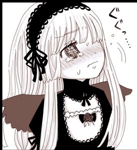 Rating: Safe Score: 0 Tags: 1girl bangs black_border blush circle_cut closed_mouth dress flower hairband image letterboxed long_hair monochrome rose simple_background solo suigintou tears wavy_mouth white_background User: admin