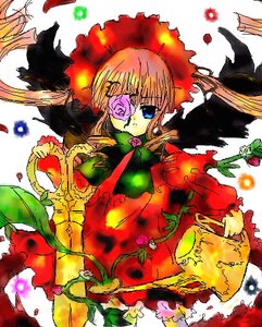 Rating: Safe Score: 0 Tags: 1girl auto_tagged blonde_hair blue_eyes bow bowtie costume_switch dress flower frills image long_hair long_sleeves looking_at_viewer red_dress rose shinku solo User: admin