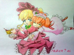 Rating: Safe Score: 0 Tags: 2girls blonde_hair blue_eyes bow dress drill_hair hat hina_ichigo hinaichigo image long_sleeves multiple_girls open_mouth pair pink_bow red_dress shinku traditional_media User: admin