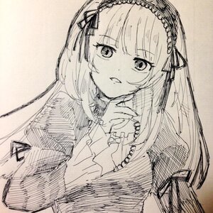 Rating: Safe Score: 0 Tags: 1girl bangs dress eyebrows_visible_through_hair frilled_hairband greyscale hair_ribbon hairband image lolita_hairband long_hair long_sleeves looking_at_viewer monochrome ribbon solo suigintou traditional_media upper_body User: admin