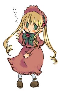 Rating: Safe Score: 0 Tags: 1girl blonde_hair blush bonnet bow bowtie capelet dress full_body green_bow green_eyes green_neckwear image long_hair long_sleeves looking_at_viewer red_dress shinku simple_background solo standing twintails very_long_hair white_background User: admin