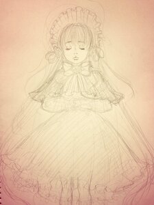 Rating: Safe Score: 0 Tags: 1girl bonnet closed_eyes dress frills image long_hair long_sleeves monochrome shinku sketch solo traditional_media very_long_hair User: admin