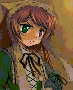 Rating: Safe Score: 0 Tags: 1girl dress frills green_eyes hat head_scarf heterochromia image long_hair long_sleeves looking_at_viewer ribbon simple_background solo suiseiseki upper_body User: admin