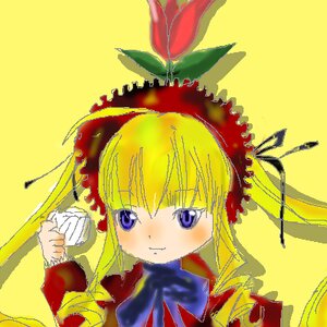 Rating: Safe Score: 0 Tags: 1girl bangs blonde_hair blush bow cup dress drill_hair flower frills image long_sleeves looking_at_viewer red_dress shinku simple_background smile solo yellow_background User: admin