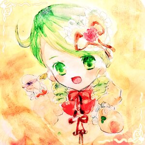 Rating: Safe Score: 0 Tags: 1girl :d bow flower green_eyes green_hair hat image kanaria open_mouth rose smile solo yellow_background User: admin