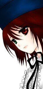 Rating: Safe Score: 0 Tags: 1girl brown_hair closed_mouth collar frills green_eyes hat heterochromia image looking_at_viewer red_eyes simple_background solo souseiseki white_background User: admin