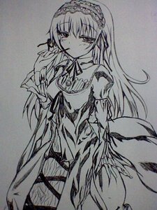 Rating: Safe Score: 0 Tags: 1girl dress frills hairband image long_hair long_sleeves looking_at_viewer monochrome ribbon solo suigintou traditional_media User: admin