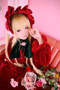 Rating: Safe Score: 0 Tags: 1girl blonde_hair blue_eyes dress flower long_hair long_sleeves looking_at_viewer pink_rose red_dress red_rose rose shinku sitting solo very_long_hair User: admin