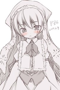 Rating: Safe Score: 0 Tags: 1girl auto_tagged blush dress greyscale image long_hair looking_at_viewer monochrome simple_background solo suiseiseki very_long_hair white_background User: admin