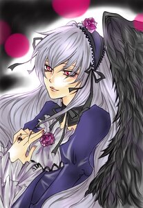 Rating: Safe Score: 0 Tags: 1girl black_wings dress feathered_wings feathers flower frills hairband image long_hair long_sleeves looking_at_viewer pink_eyes red_eyes ring rose silver_hair solo suigintou wings User: admin