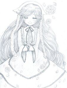 Rating: Safe Score: 0 Tags: 1girl dress flower frills greyscale image long_hair long_sleeves monochrome petals ribbon rose smile solo striped suiseiseki traditional_media vertical-striped_dress vertical_stripes very_long_hair User: admin
