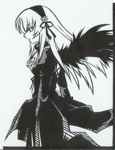 Rating: Safe Score: 0 Tags: 1girl black_wings dress flower frills hairband image long_hair long_sleeves monochrome profile simple_background solo standing suigintou very_long_hair wings User: admin