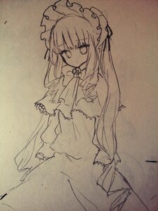 Rating: Safe Score: 0 Tags: 1girl dress greyscale hat image long_hair long_sleeves looking_at_viewer monochrome patchouli_knowledge shinku solo standing traditional_media very_long_hair User: admin