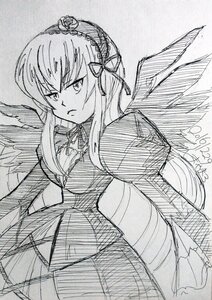 Rating: Safe Score: 0 Tags: 1girl black_wings dress frown greyscale image long_hair long_sleeves looking_at_viewer monochrome simple_background solo suigintou wings User: admin