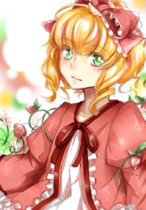 Rating: Safe Score: 0 Tags: 1girl blonde_hair blurry blush bow depth_of_field flower food frills fruit green_eyes hair_bow hina_ichigo hinaichigo image looking_at_viewer ribbon short_hair solo strawberry User: admin