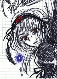 Rating: Safe Score: 0 Tags: 1girl feathers flower hairband image looking_at_viewer monochrome ribbon solo spot_color suigintou User: admin