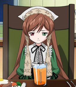 Rating: Safe Score: 0 Tags: 1girl brown_hair cup dress food green_dress green_eyes head_scarf heterochromia image long_hair long_sleeves red_eyes ribbon solo suiseiseki table User: admin