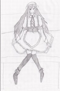 Rating: Safe Score: 0 Tags: 1girl dress frills full_body greyscale image long_hair looking_at_viewer monochrome shoes smile solo standing striped suiseiseki thighhighs vertical_stripes User: admin